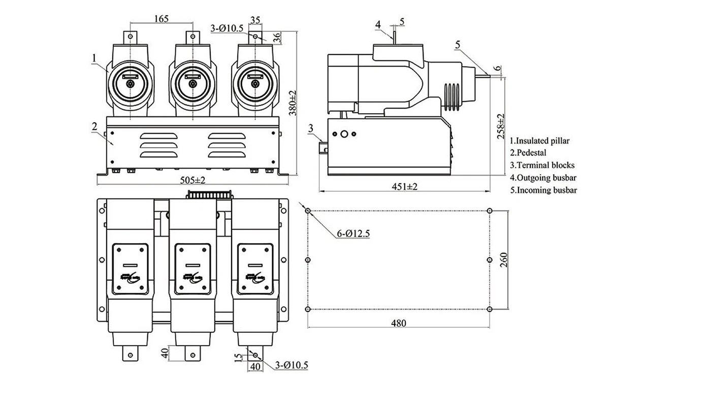 Dimensions d'installation du disjoncteur à vide à répulsion électrique LZND-12/630-20U pour panneaux de commutation intérieurs