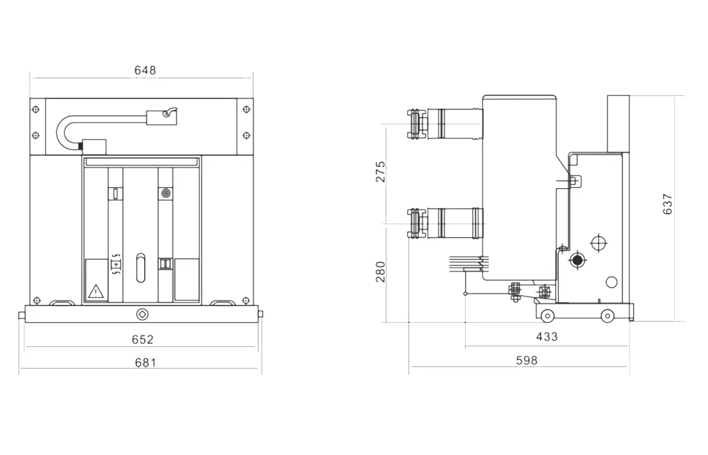 Dimensions d'installation et interface de montage du disjoncteur à vide intérieur XBRELE VS1-12 pour l'appareillage de commutation à enveloppe métallique KYN28