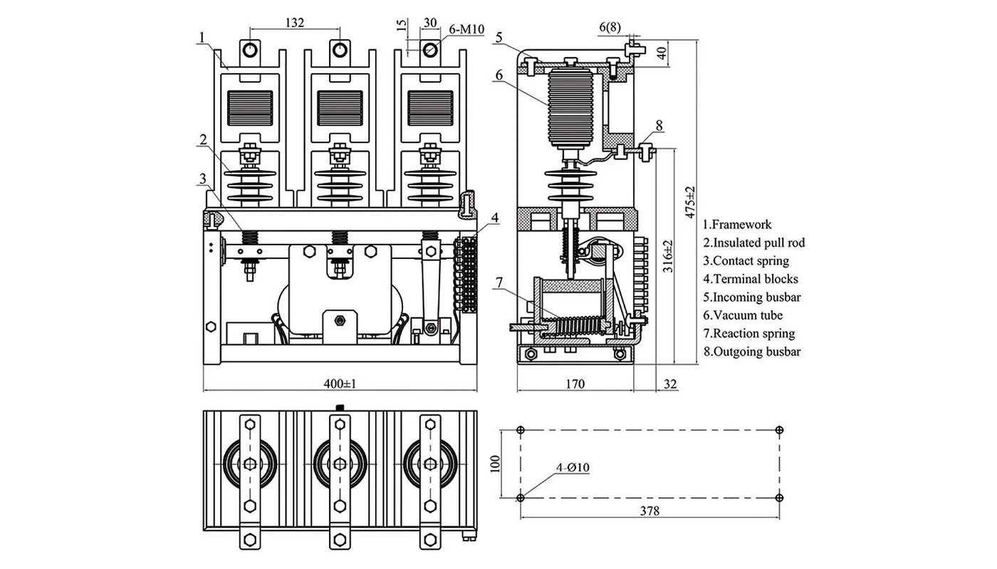 مخطط وأبعاد تركيب الملامس الفراغي الداخلي القياسي XBRELE CKG3 7.2 كيلو فولت