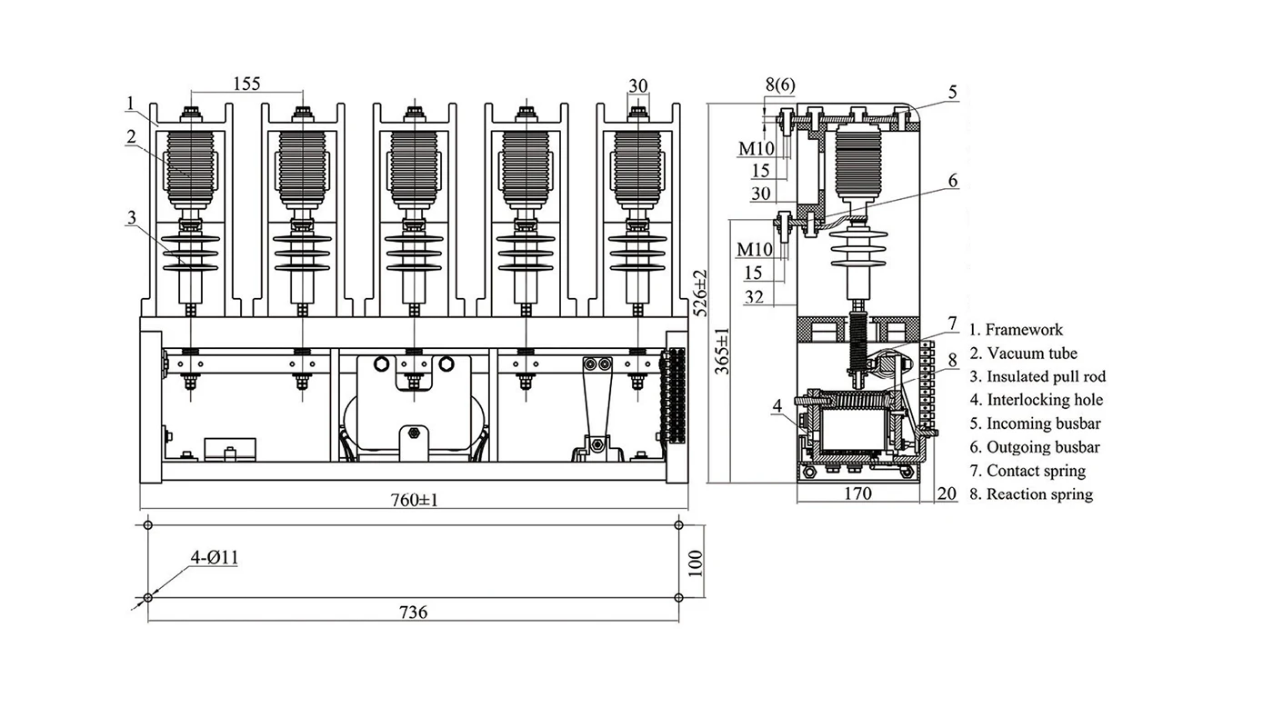 Schema e dimensioni di montaggio del contattore sottovuoto da 12 kV con interblocco meccanico XBRELE CKG4-□/12M-5