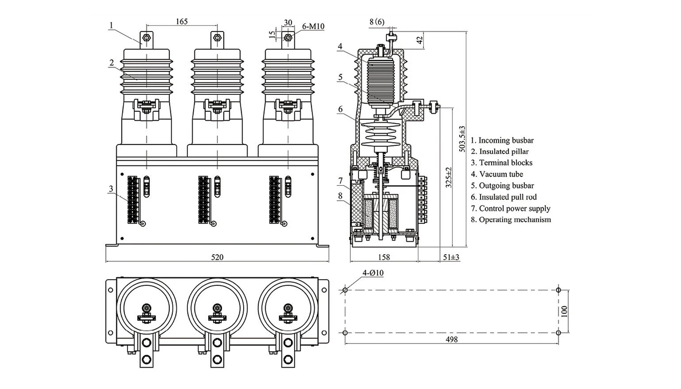 CKG4-□/12XF□ contattore sottovuoto a fase controllata chiuso - disegno dimensionale in miniatura