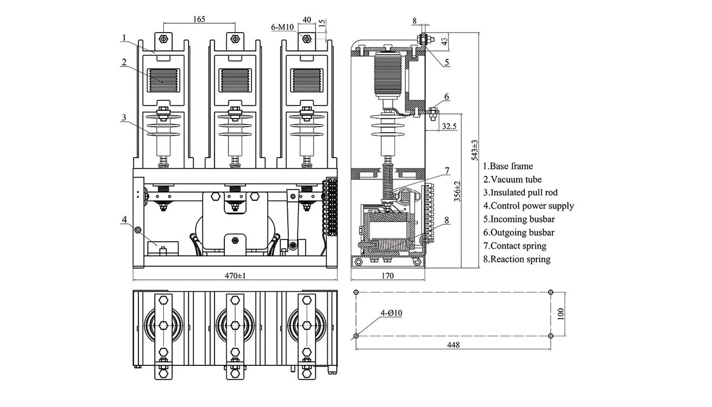 Contorni e dimensioni di montaggio del contattore sottovuoto ad alta corrente XBRELE CKG4-800/12 da 12 kV