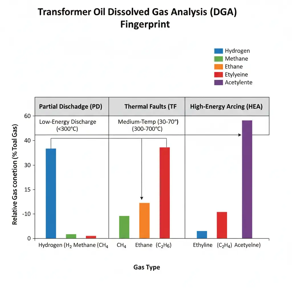Eine Diagnosetabelle, die charakteristische Gasbildungsprofile von Transformatorenöl veranschaulicht und bestimmte Gase (Wasserstoff, Methan, Ethan, Ethylen, Acetylen) mit verschiedenen Fehlerarten und Temperaturbereichen (Nergieentladungen, thermische Fehler, Hochenergie-Lichtbögen) als DGA-'Fingerabdruck' in Beziehung setzt.