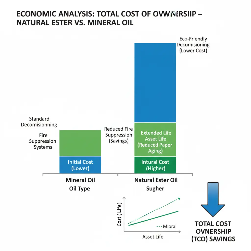 Eine wirtschaftliche Analyse, die die Vorteile der Gesamtbetriebskosten (TCO) von natürlichem Esteröl im Vergleich zu Mineralöl trotz seiner höheren Anschaffungskosten veranschaulicht. Hebt Einsparungen bei der Brandbekämpfung, der Verlängerung der Lebensdauer von Anlagen durch geringere Papieralterung und niedrigere Stilllegungskosten hervor.