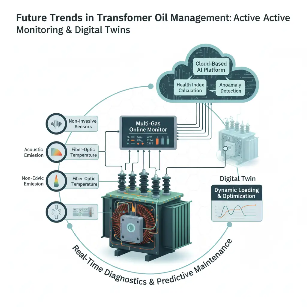 Eine konzeptionelle Visualisierung zukünftiger Trends im Transformatorenölmanagement mit Schwerpunkt auf 'Active Monitoring'-Lösungen wie integrierten Multi-Gas-Online-Monitoren mit cloudbasierter KI für einen 'Gesundheitsindex', dynamischer Belastung über digitale Zwillinge und nicht-invasiven Sensoren (akustische Emission, faseroptische Temperaturmessung).