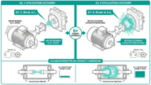 Comparaison entre les catégories d'utilisation AC-3 et AC-4 montrant les points de rupture du courant moteur et la différence d'intensité de l'arc