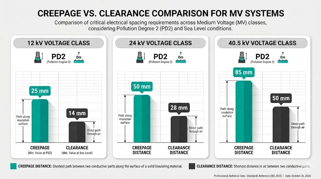 12kV, 24kV, மற்றும் 40.5kV நடுத்தர மின்னழுத்த ஸ்விட்ச்ஜியர் அமைப்புகளுக்கான ஊடுருவல் மற்றும் விடுபடாத் தூர ஒப்பீட்டு அட்டவணை