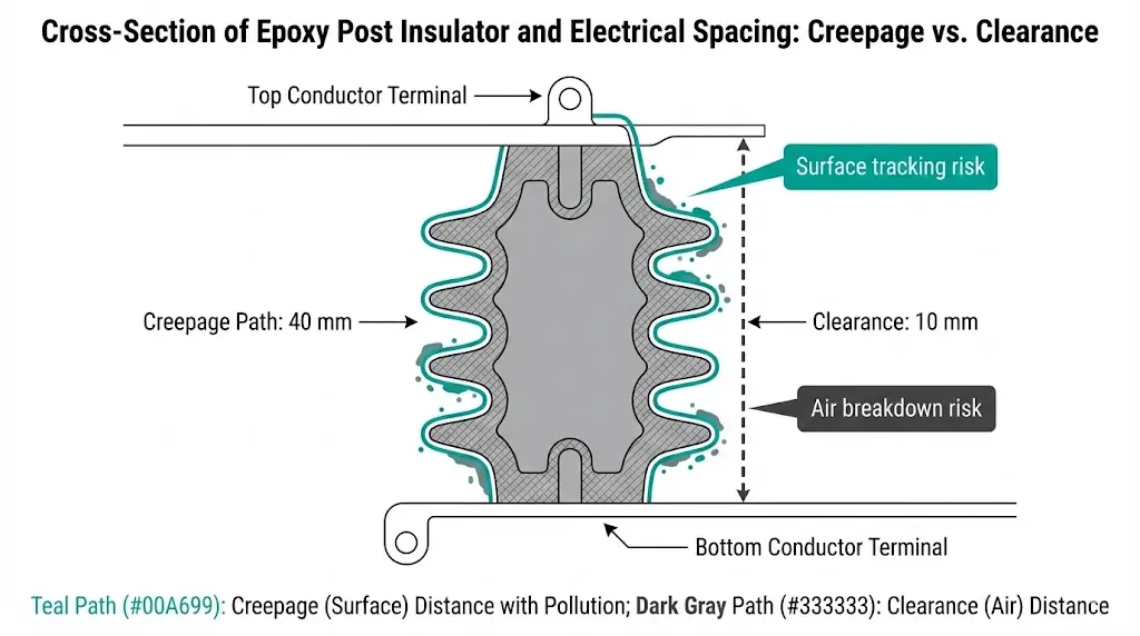 கடத்திகள் இடையே காற்றில் உள்ள நேர்கோட்டு இடைவெளிக்கு எதிராக, காப்பான் மேற்பரப்பில் உள்ள ஊர்தல் பாதையைக் காட்டும் குறுக்குவெட்டு வரைபடம்.