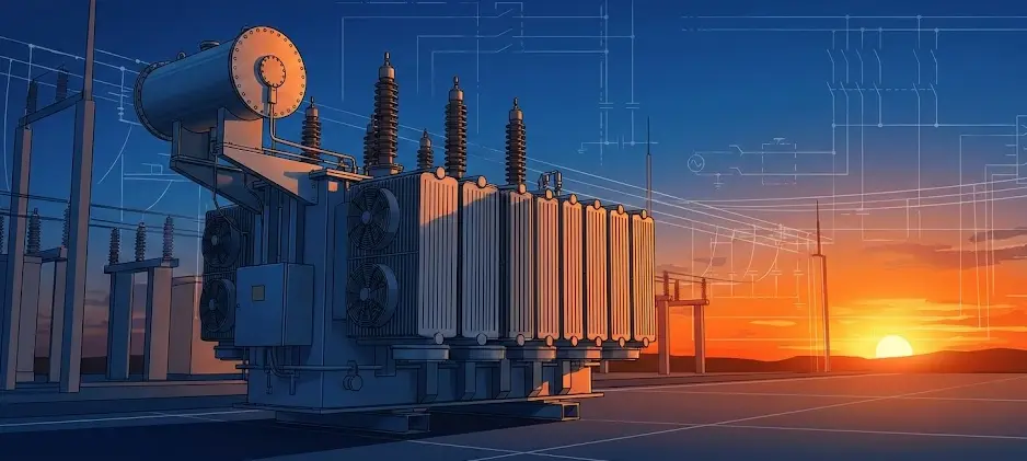 High-quality scientific journal illustration of a large industrial electrical transformer in a substation setting. Cinematic lighting at sunset, with clean technical schematic lines faintly overlaid in the background. The transformer is detailed, showing bushings and cooling fins, rendered in a realistic but clean vector art style. High contrast, blue and orange color palette, 8k resolution, engineering aesthetic, wide angle.