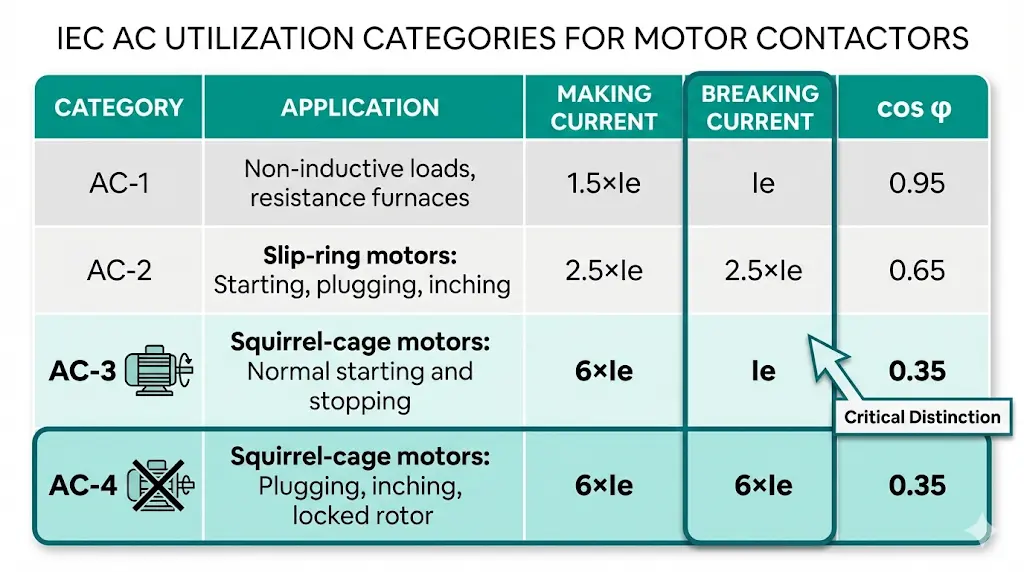 IEC utilization category table comparing AC-1 through AC-4 making current breaking current and power factor
