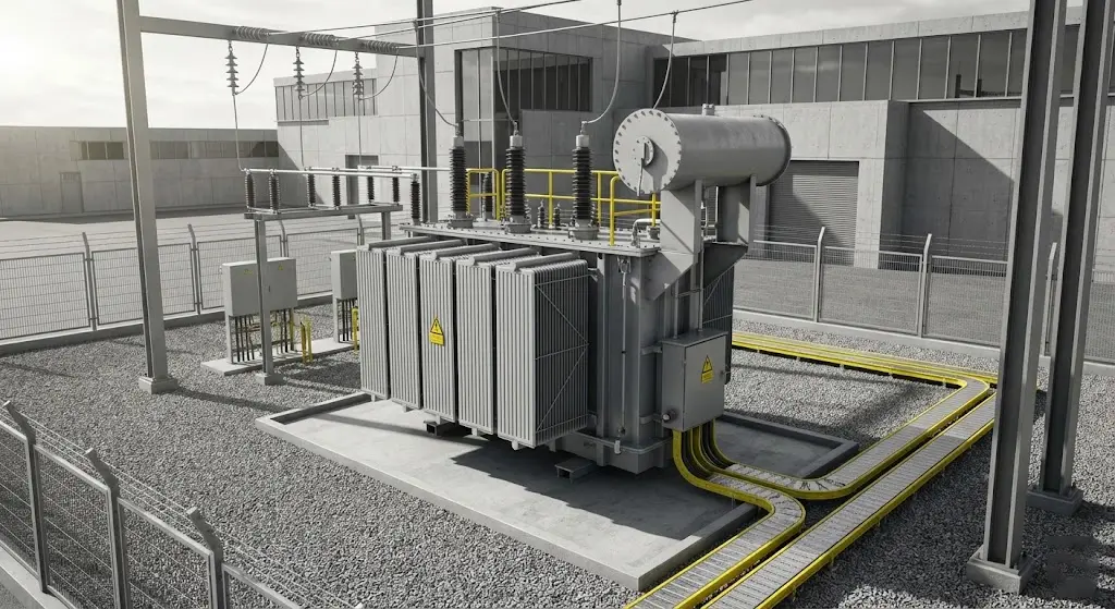 Außeninstallation eines hochbelastbaren, ölgekühlten Abwärtstransformators in einer Fabrik.