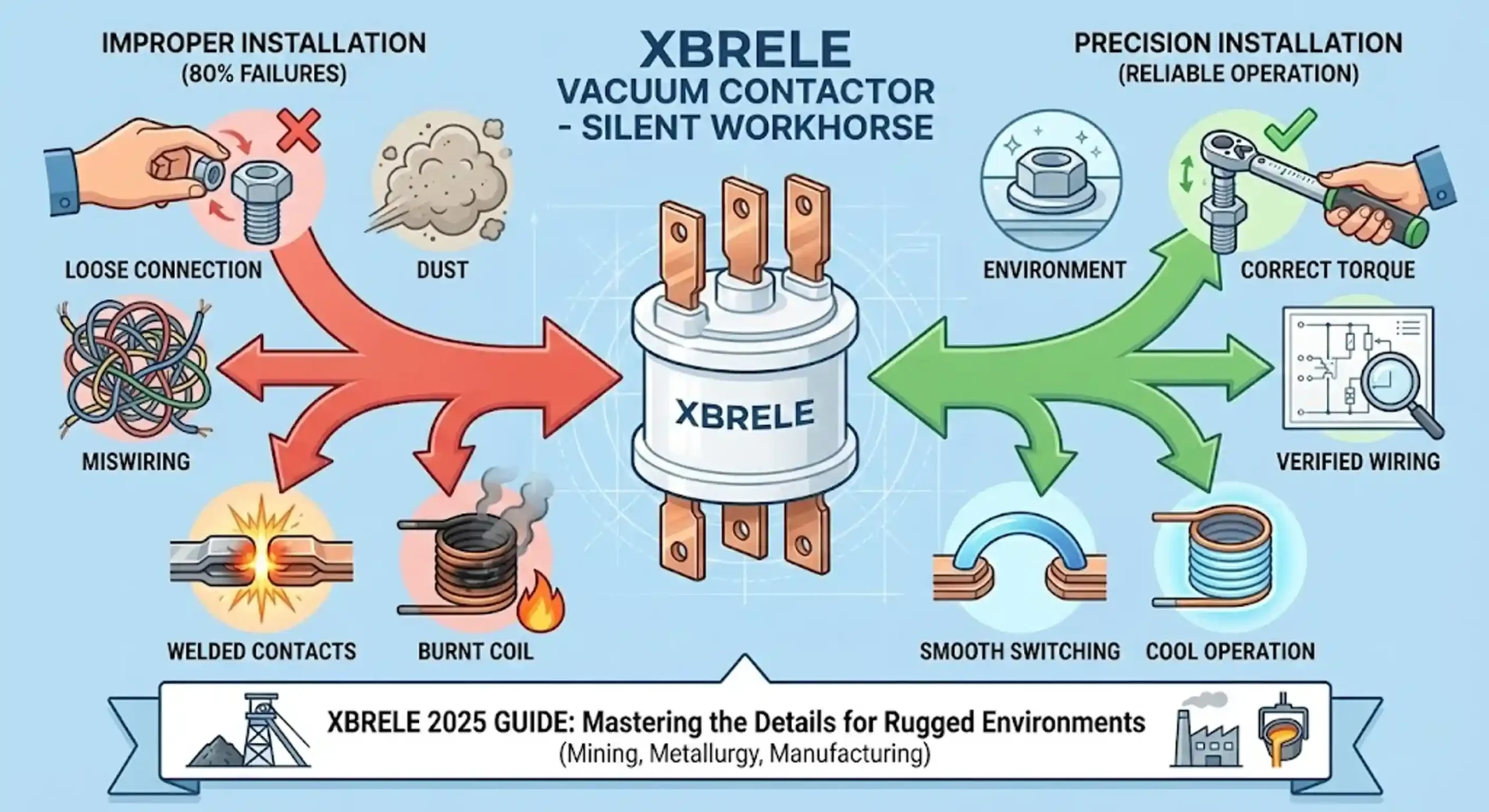 Un contactor de vacío de media tensión XBRELE correctamente instalado en un panel de aparamenta industrial.