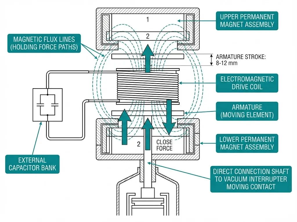 Coupe transversale d'un actionneur magnétique montrant l'aimant permanent, la bobine d'entraînement, l'armature et le banc de condensateurs pour le fonctionnement du VCB.