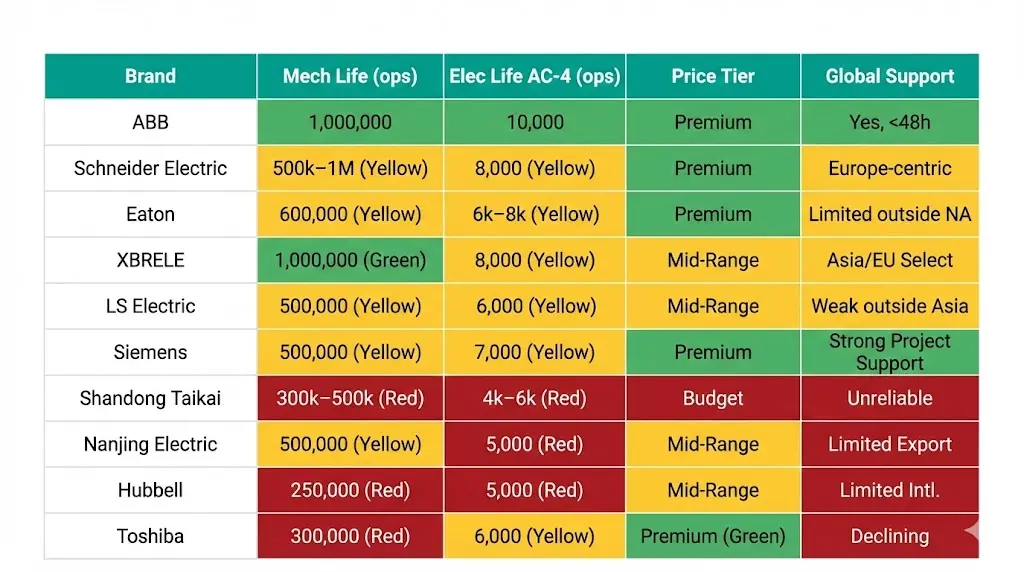 Vacuum contactor manufacturer comparison matrix showing mechanical life, electrical endurance, pricing, and global support ratings