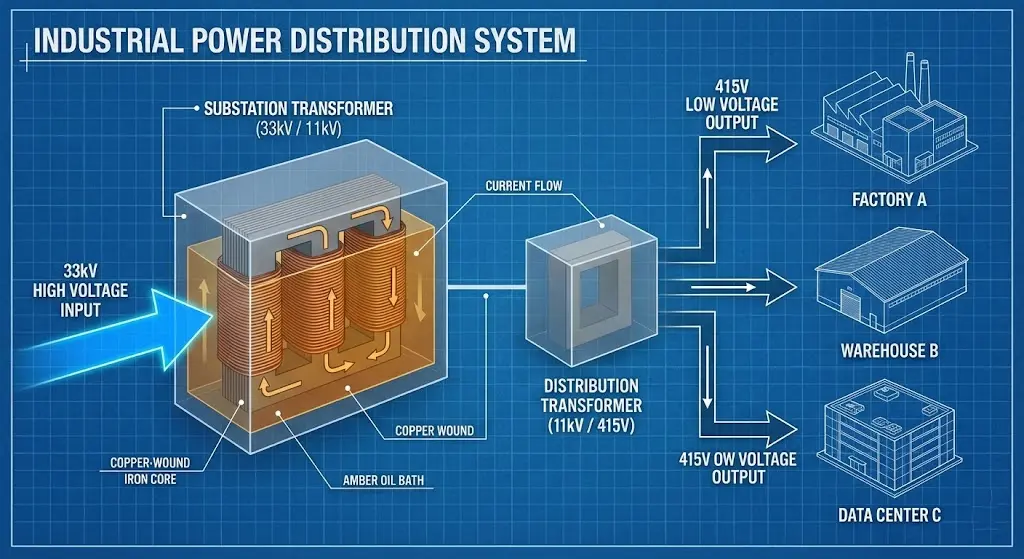 Topologie eines 11-kV- bis 400-V-Abwärtsverteilungsnetzes.