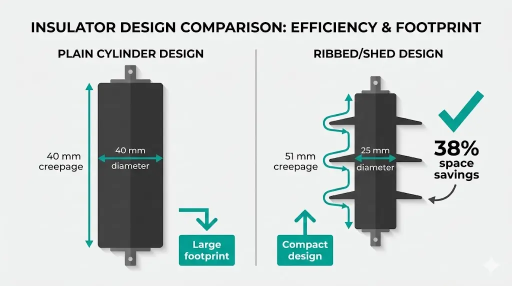 சாதாரண உருளை மற்றும் செதில் அமைப்புள்ள இன்சுலேட்டர் வடிவமைப்புகளை ஒப்பிடுவது, பயனுள்ள ஊர்தல் தூரத்தின் அதிகரிப்பைக் காட்டுகிறது.