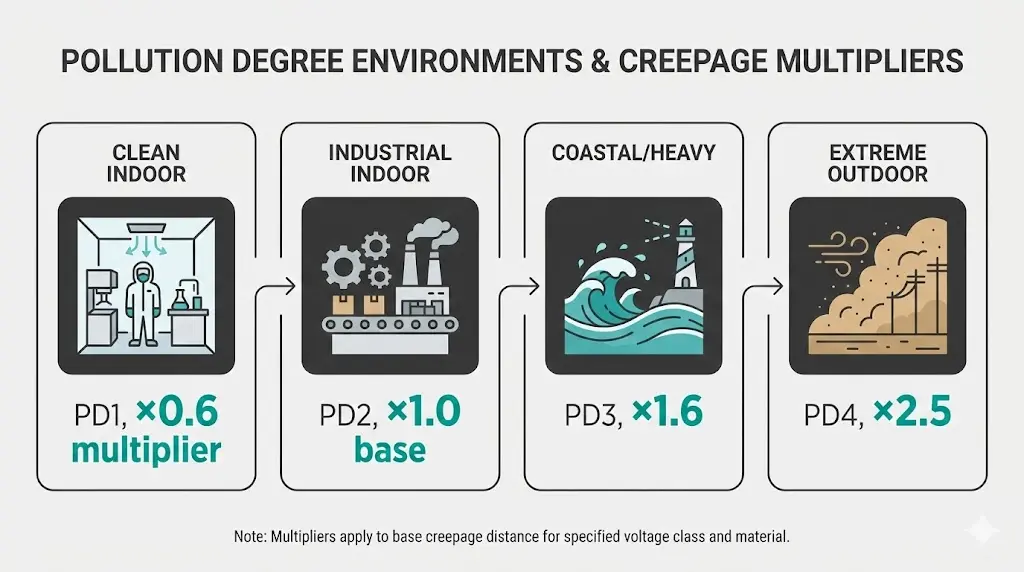 சுவிட்ச் கியருக்கான சுற்றுச்சூழல் நிலைகள் மற்றும் ஊர்தல் தூரப் பெருக்கி காரணிகளைக் காட்டும் மாசு அளவு ஒப்பீட்டு அட்டவணை