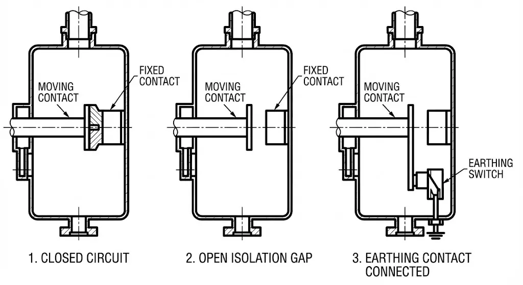 A technical engineering blueprint cross-section of an SF6 gas switchgear tank. High contrast, white background. Vector style illustration. Showing three distinct mechanical positions: 1. Closed circuit, 2. Open isolation gap, 3. Earthing contact connected. Label parts: "Moving Contact", "Fixed Contact", "Earthing Switch". Technical, schematic, precise line art.