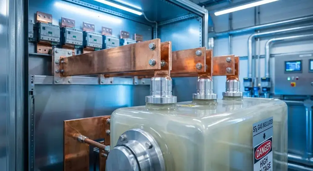 High-voltage SF6 load break switchgear mechanism in a modern electrical substation environment.