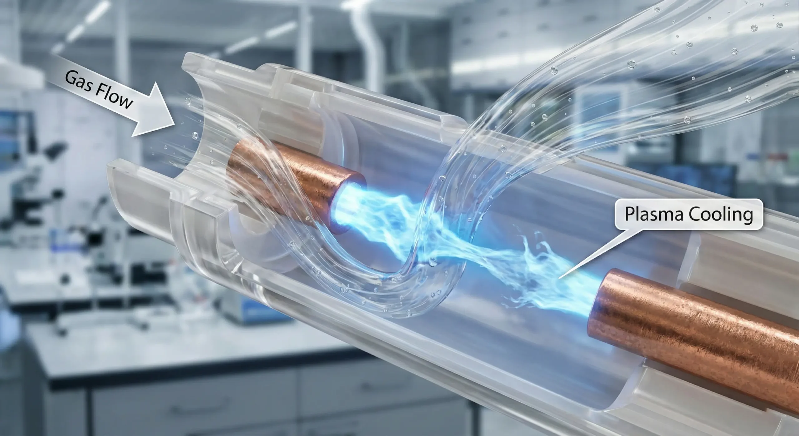 Visualization of the puffer arc quenching principle in SF6 gas.