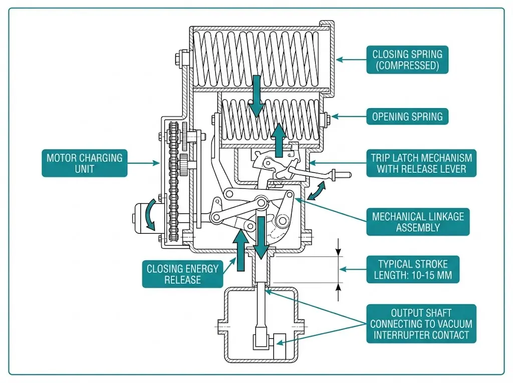 Coupe transversale du mécanisme à énergie stockée par ressort montrant le ressort de fermeture, le ressort d'ouverture, le loquet de déclenchement et l'ensemble de liaison pour VCB