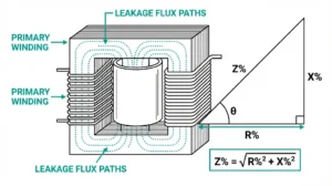 Transformer impedance percentage diagram showing Z% vector triangle with R% resistance and X% reactance components overlaid on transformer winding cross-section