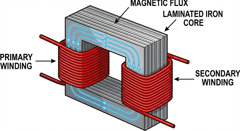 Diagram showing the principle of electromagnetic induction in a transformer, featuring primary and secondary coils around a magnetic core.