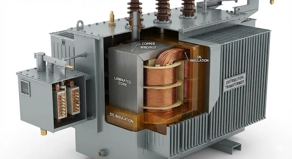 3D cutaway illustration of an oil-immersed transformer revealing the copper windings, laminated core, and insulation system inside the tank.