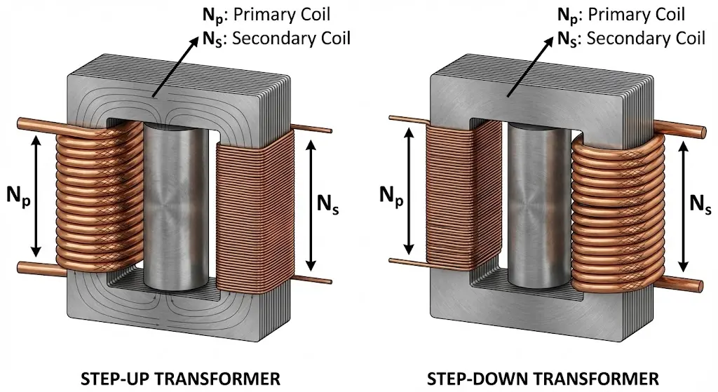 Vergleich der Primär- und Sekundärwicklungsdichte in Aufwärts- und Abwärtstransformatoren.