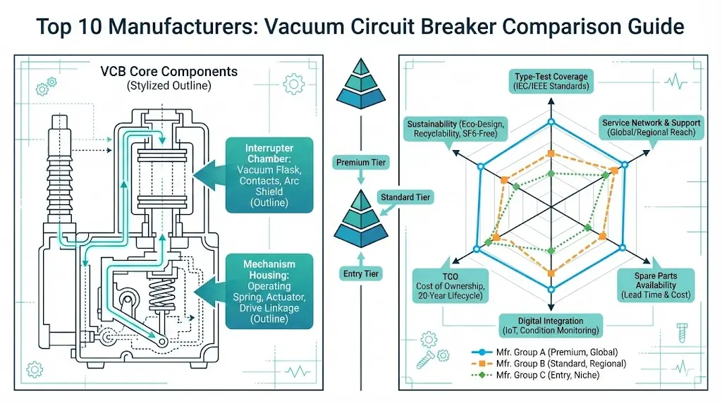 Vacuum circuit breaker manufacturers comparison showing evaluation framework with radar chart and tier classification for MV switchgear procurement