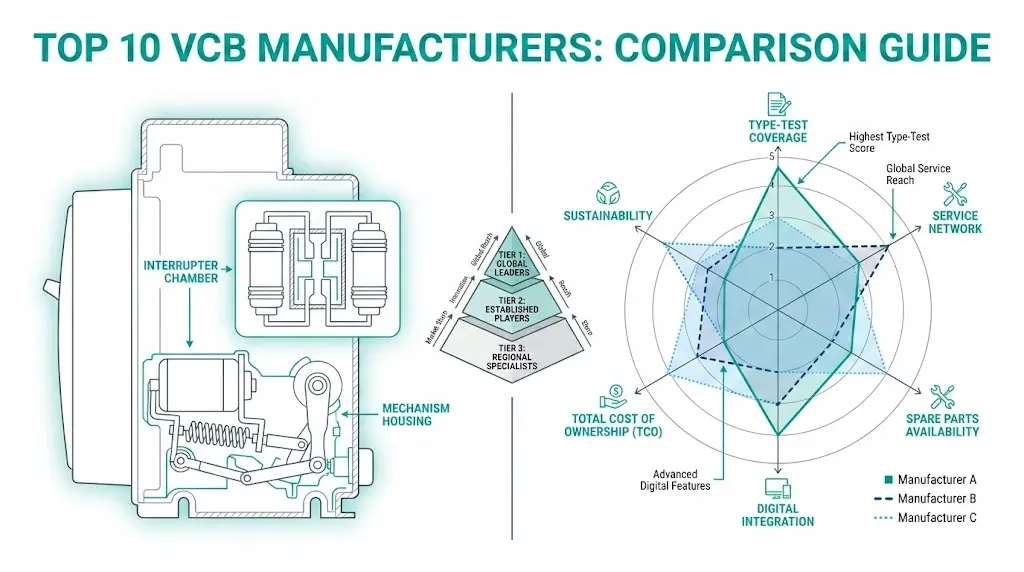 Vacuum circuit breaker manufacturers comparison showing evaluation framework with radar chart and tier classification for MV switchgear procurement