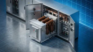 Modern medium voltage vacuum circuit breaker (VS1 type) installed in a high-tech substation switchgear panel.