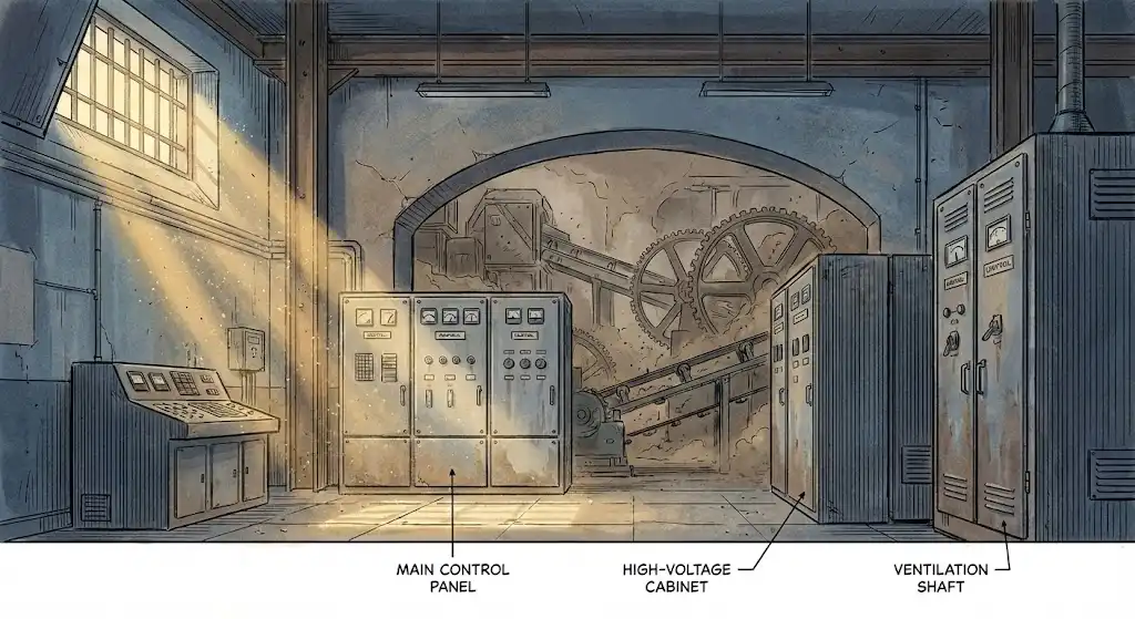 Sala de control eléctrico en una instalación minera a gran altitud con maquinaria pesada.