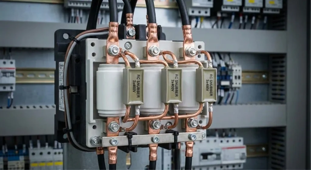 Dispositivo de protección contra sobretensiones RC snubber instalado en los terminales de carga del contactor de vacío para evitar picos de tensión.