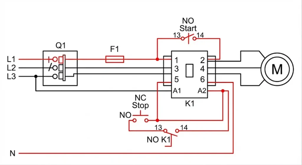 Diagrama de cableado para contactor de vacío con circuito de control de arranque-parada de 3 hilos y lógica de autocontención.