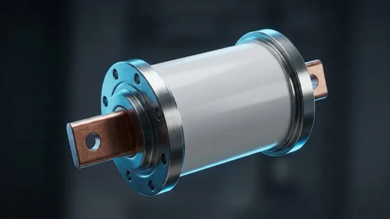 Componente cerámico de interruptor de vacío de alta tensión sobre un fondo industrial oscuro.