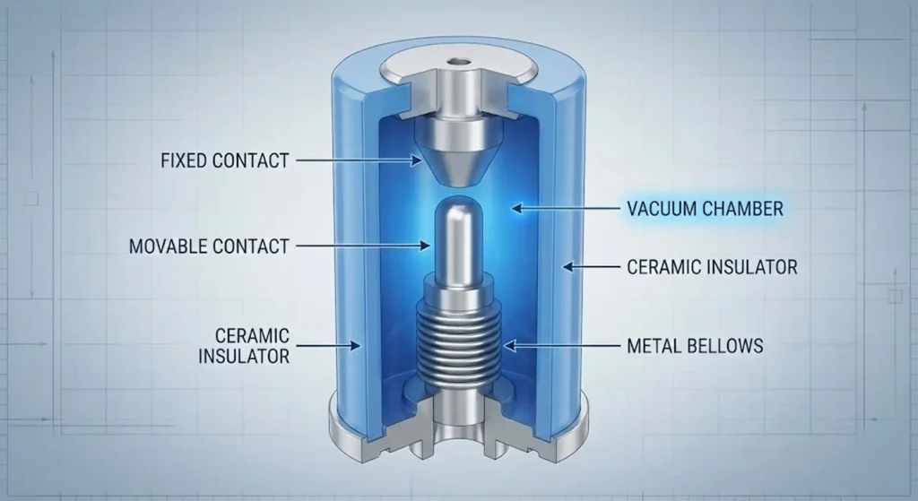 Diagrama transversal de un interruptor de vacío que muestra los contactos y el aislamiento cerámico.