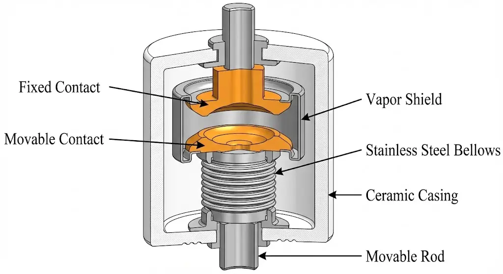 वैक्यूम इंटरप्टर की आंतरिक संरचना का लंबवत क्रॉस-सेक्शन आरेख, जिसमें संपर्क, बेलो और ढालें दिखाए गए हैं।.