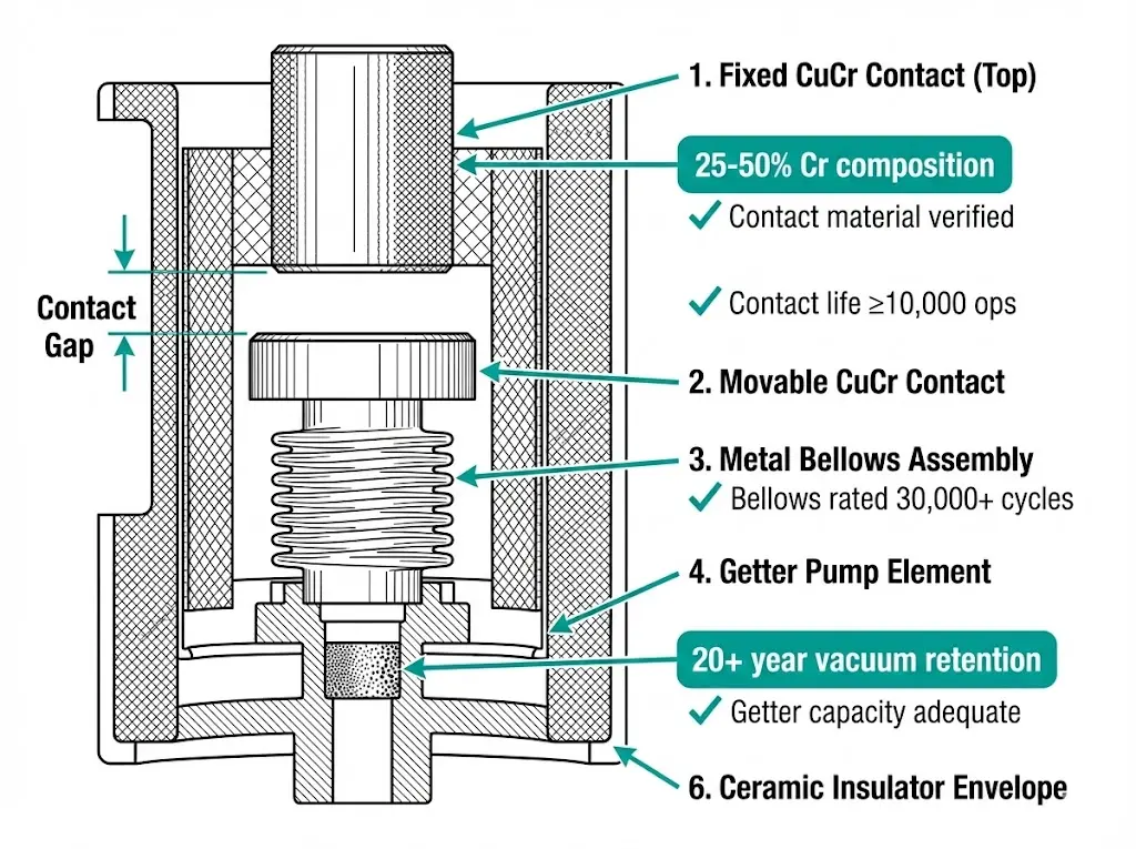 Vacuum interrupter cross-section with quality checkpoint callouts showing CuCr contact material, getter pump, bellows seal, and vapor shield components