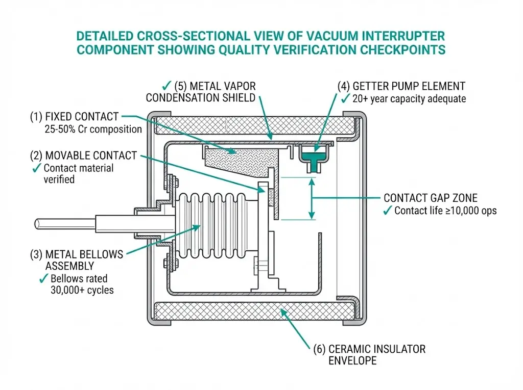 Vacuum circuit breaker cutaway diagram showing vacuum interrupter chamber, spring operating mechanism, insulation system, and embedded condition monitoring sensors