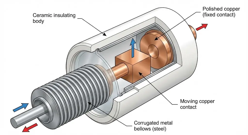 Diagrama transversal de un interruptor de vacío que muestra los contactos, los fuelles y la carcasa cerámica.