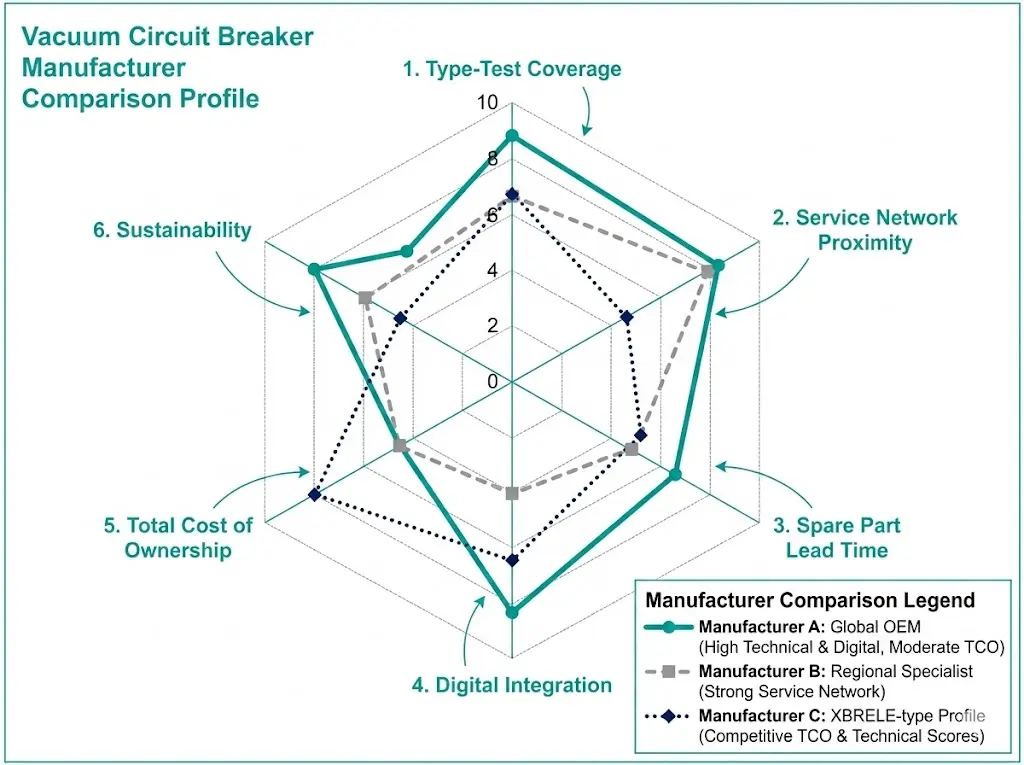 Radar chart comparing three vacuum circuit breaker manufacturers across six weighted evaluation criteria including type-test coverage, service network, and total cost of ownership