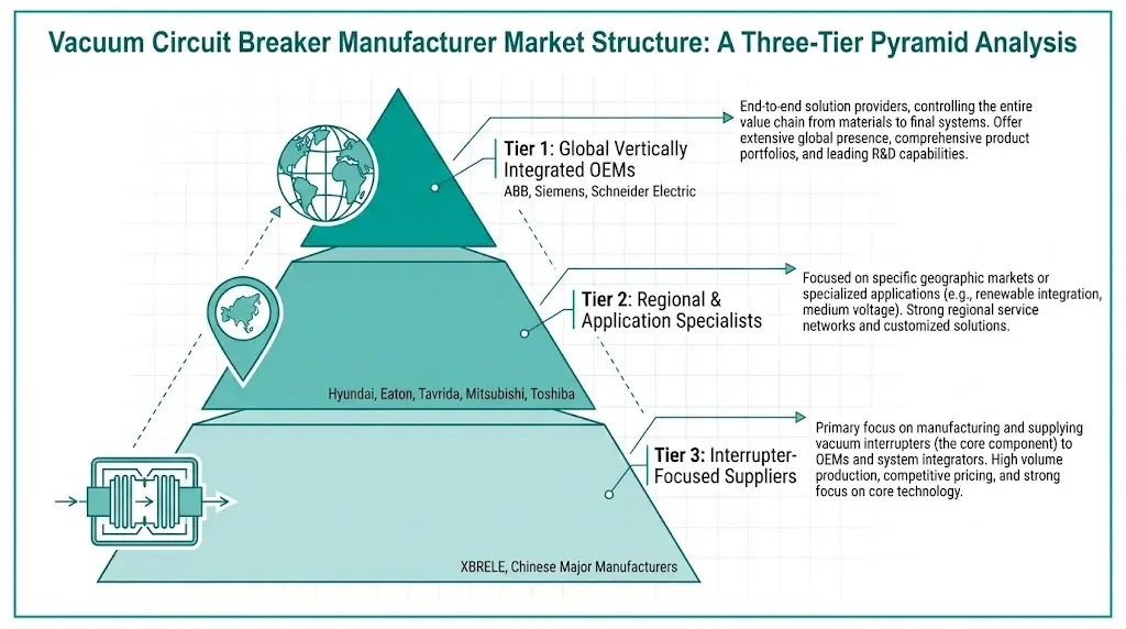 Three-tier pyramid diagram showing vacuum circuit breaker manufacturer market structure from global OEMs to regional specialists to interrupter-focused suppliers