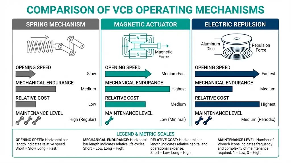 Infographie comparant les mécanismes VCB et présentant les mesures de vitesse, d'endurance, de coût et d'entretien pour les entraînements à ressort, magnétiques et à répulsion.