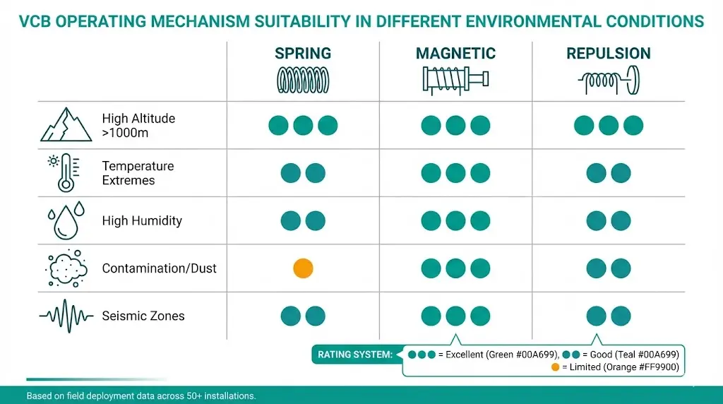 Matrice d'évaluation de l'adéquation environnementale Mécanismes VCB pour l'altitude, la température, l'humidité, la contamination et les conditions sismiques