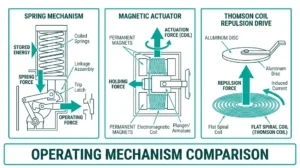 VCB operating mechanism comparison showing spring, magnetic actuator, and electric repulsion drive cross-sections`