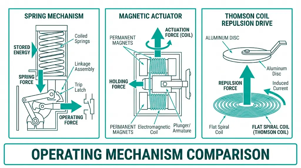Comparaison des mécanismes de fonctionnement des VCB montrant les sections transversales du ressort, de l'actionneur magnétique et du moteur à répulsion électrique.