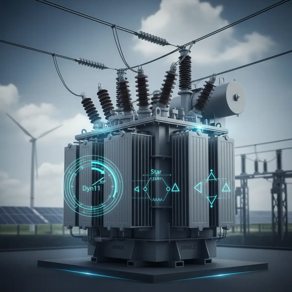 Подробный трехфазный силовой трансформатор XBRELE в современной подстанции с тонкими наложениями, иллюстрирующими векторные групповые диаграммы и соединения обмоток, подчеркивающими его важную роль в интеграции энергосистем и системах возобновляемой энергии для применения в электротехнике.