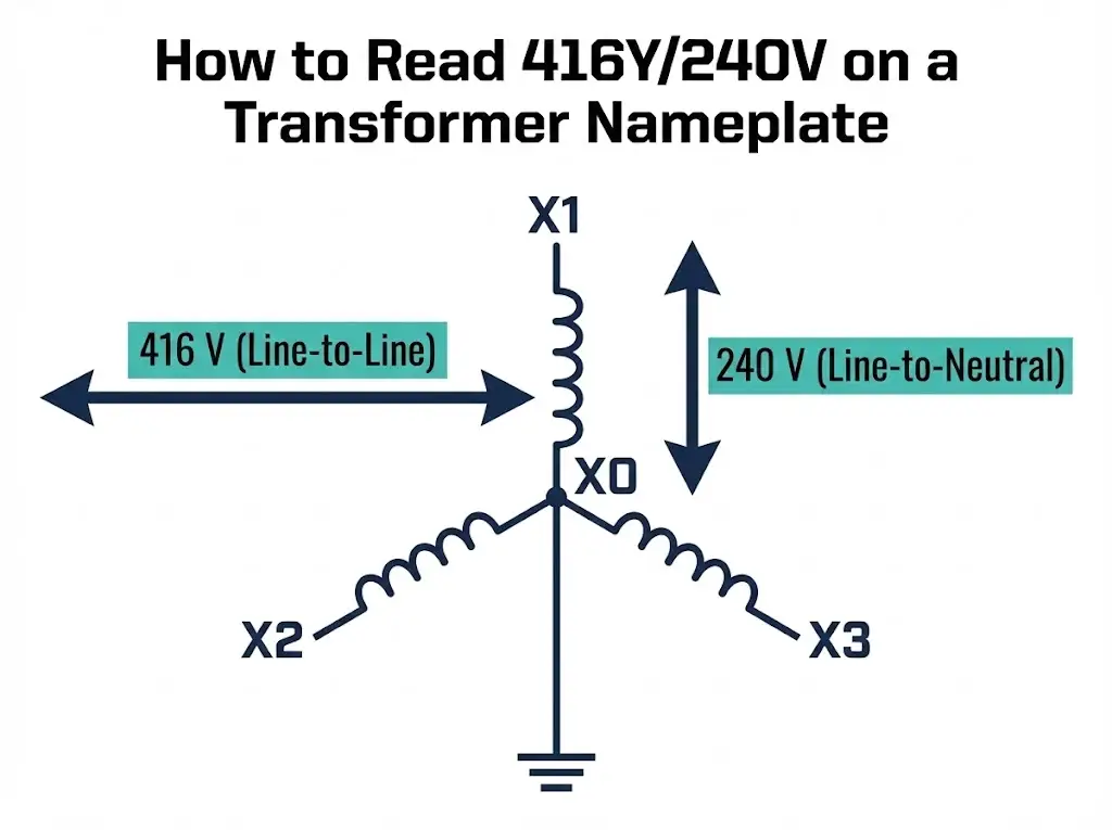 Схема, объясняющая заземленную звездообразную схему 416Y/240V: 416V между фазами и 240V между фазой и нейтралью с заземлением нейтрали X0.