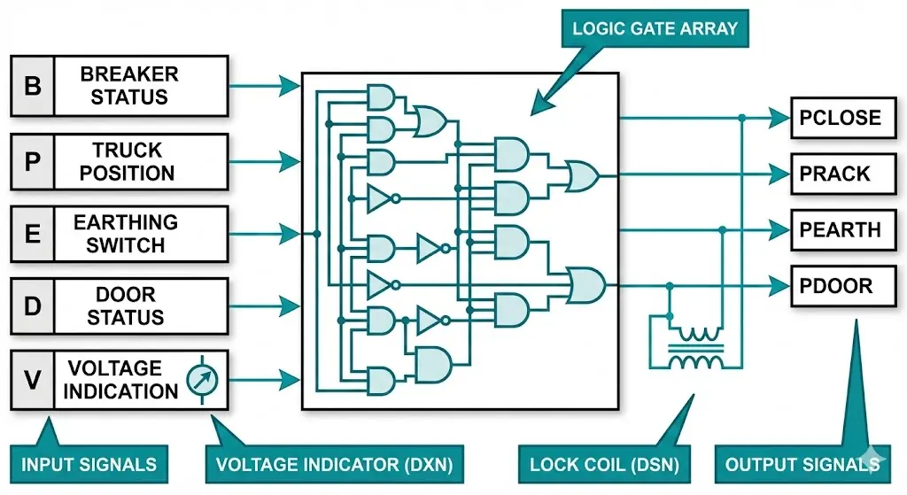 Diagrama de cadena permisiva DSN/DXN que muestra los estados de entrada y los enclavamientos de salida para aparatos de conexión de media tensión.